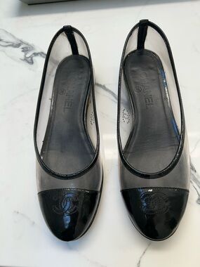 CHANEL Black Patent Cap-Toe Clear PVC Ballet Flats